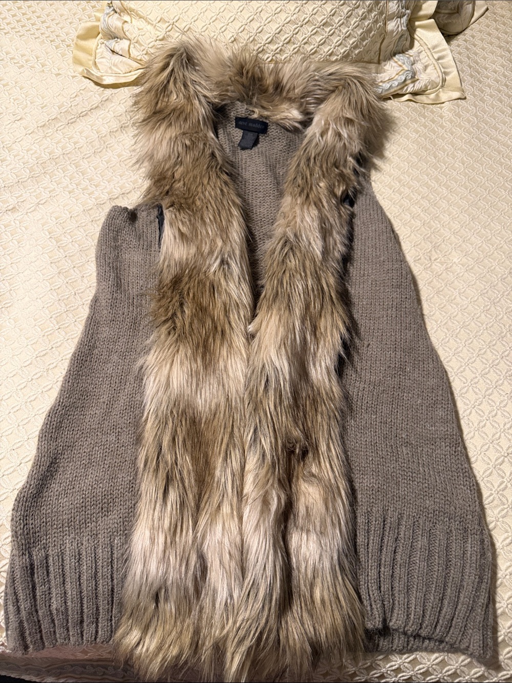 Steve Madden Taupe Knit Vest with Faux Fur Trim Hood
